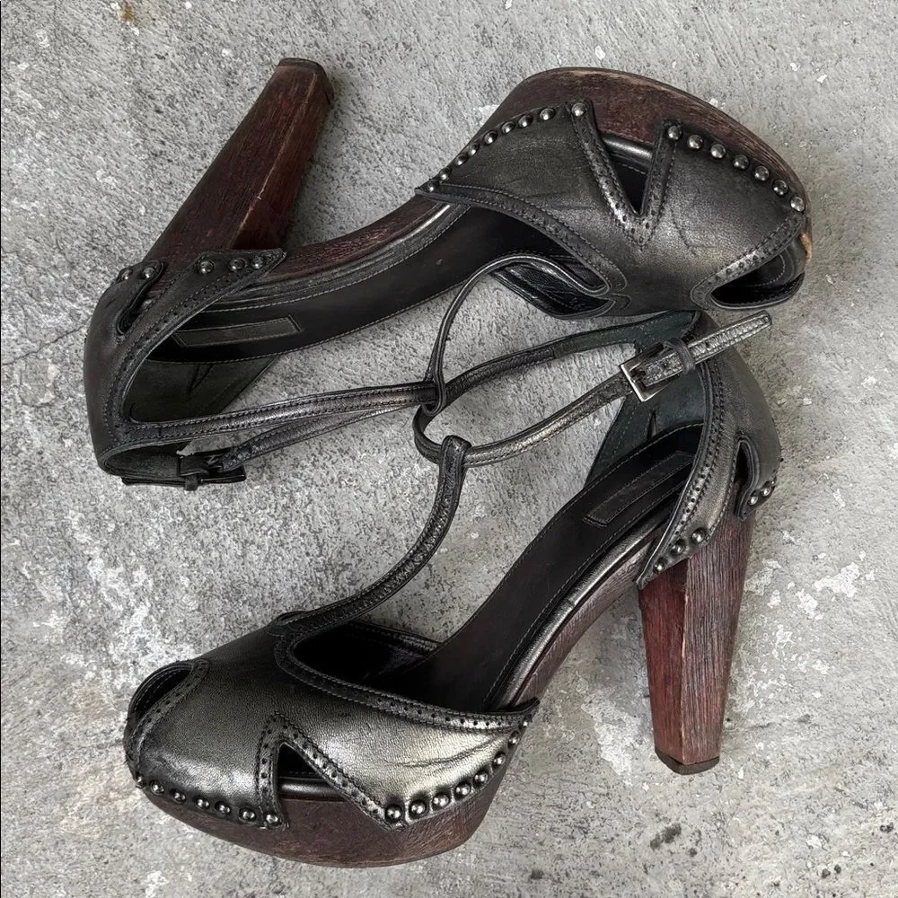 Prada gunmetal open toe platforms